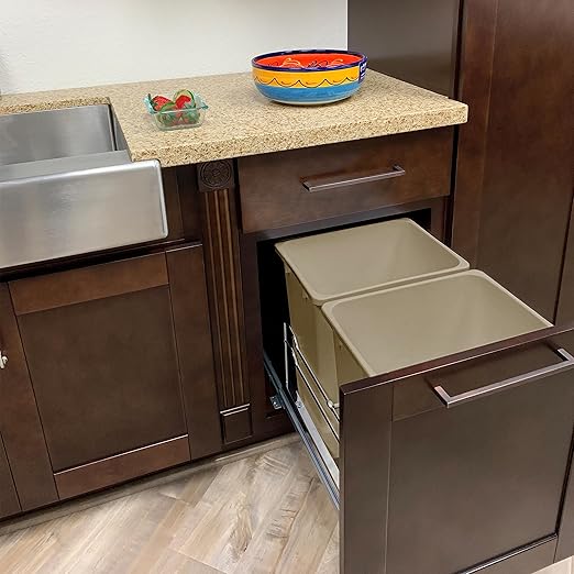 Rok Hardware Soft Closing Undermount Kitchen Cabinet Heavy Duty Pull Out Organizer Trash and Recycling Center with CHAMPAGNE Finish Dual 36 Quart Capacity Waste Recycle Bin Garbage Can ROKRECYCLE3CHAM