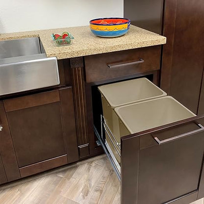 Rok Hardware Soft Closing Undermount Kitchen Cabinet Heavy Duty Pull Out Organizer Trash and Recycling Center with CHAMPAGNE Finish Dual 36 Quart Capacity Waste Recycle Bin Garbage Can ROKRECYCLE3CHAM