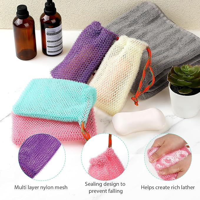 4 Pack Soap Savers for Bar Soap Exfoliating Net Mesh for Shower Holder Mesh Foaming bag for Bath and Shower(4 Colors, 5.5 x 3.5 In)