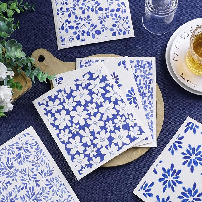 Cunhill 6 Pcs Swedish Kitchen Dish Cloths Kitchen Towels Reusable Sponge Cleaning Cloths Wipes Absorbent Dish Cloth Quick Drying Decor (Blue Leaves)