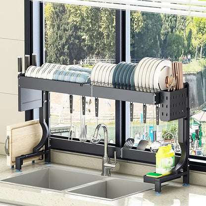 Over the Sink Dish Drying Drainer Rack - Height & Width Adjustable Large Capacity Stainless Steel Kitchen Storage Organization Plate Strainers Above Kitchen Counter (W21.2-37" ~ H18.5-22" Black)