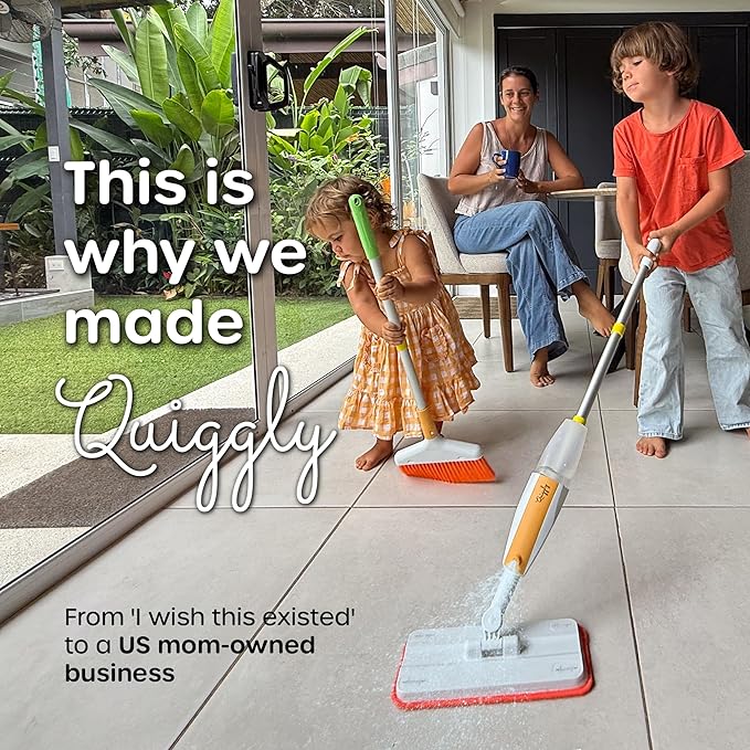 Quiggly Toddler Spray Mop – Two-Handed Design for Ages 3–5 with Real Water Sprayer – Montessori Functional Cleaning Toy Set