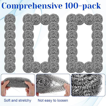 100 Pcs Stainless Steel Scouring Pads Heavy-Duty Metal Sponge Scrubbers for Kitchen & Grill Cleaning, Rust-Resistant Steel Wool for Pots, Pans, Oven 2.5"x1.5"