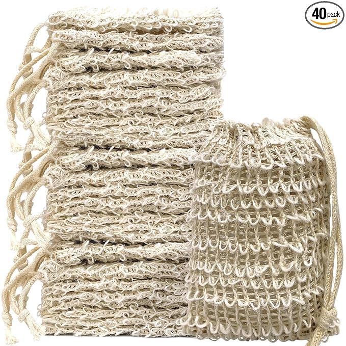40 Natural Cotton and Linen Soap Bags - Eco-Friendly Reusable Soap Bags for Bath, Shower and Travel, 5.9 x 4.7 Inch, Knot Design
