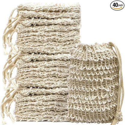 40 Natural Cotton and Linen Soap Bags - Eco-Friendly Reusable Soap Bags for Bath, Shower and Travel, 5.9 x 4.7 Inch, Knot Design