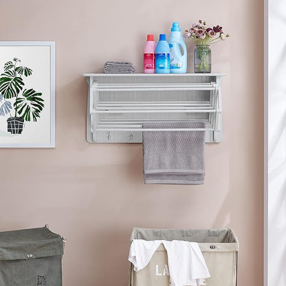 Danya B Accordion Clothes Drying Rack, Retractable, Wall Mounted Towel Rack and Hooks for Clothes and Towels for use in Laundry Room or Garage - White