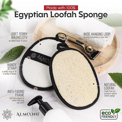 Almooni Natural Exfoliating Loofah for Men, Lightly Abrasive Egyptian Loofah Body Scrubber for Men, Dual-Sided with Cotton Back, Hand Strap, Black, 2-Count