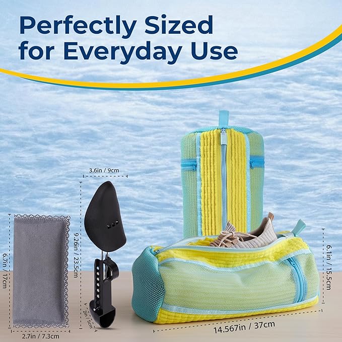 Shoe Washing Machine Bag with Shoe Trees and Deodorizer Bags, 2 Pcs Reusable Sneaker Laundry Bag for Washer and Dryer, 360 Deep Cleaning Shoe Washing Bag with Zipper, All Shoe Types & Sizes, Yellow