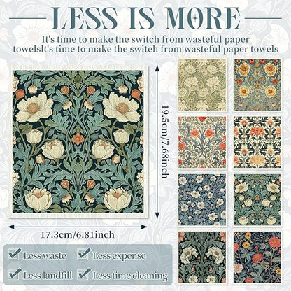 Tegeme 8 Pcs William Morris Swedish Dishcloth Kitchen Vintage Floral Dish Towels Blue Green Flower Kitchen Dish Cloth Washable Absorbent Cotton Towels for Spring Summer Housewarming Gift, 6.8 x 7.7''