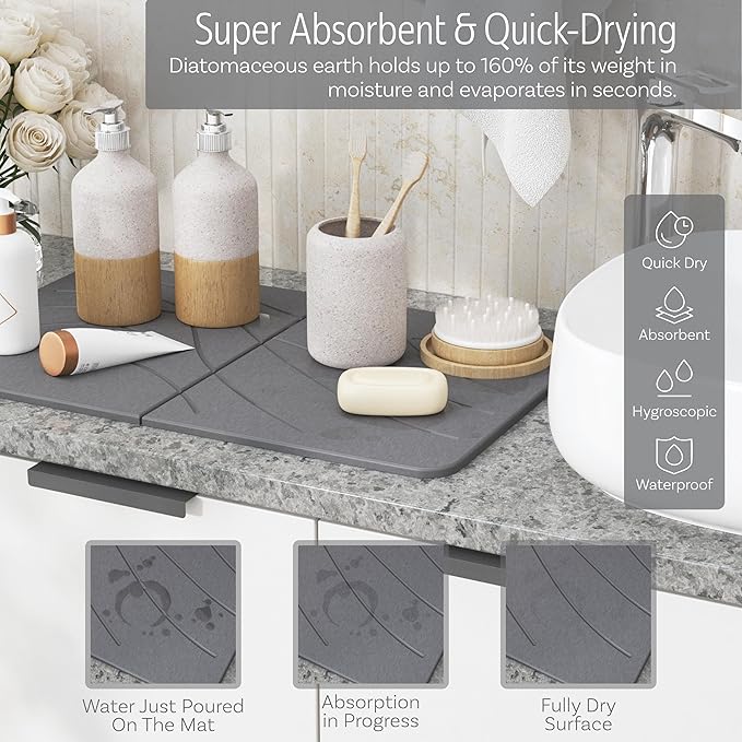 LARGE | PREMIUM | Stone Dish Mat + Bamboo Rack | 24” x 16” | Foldable (Dark Gray)