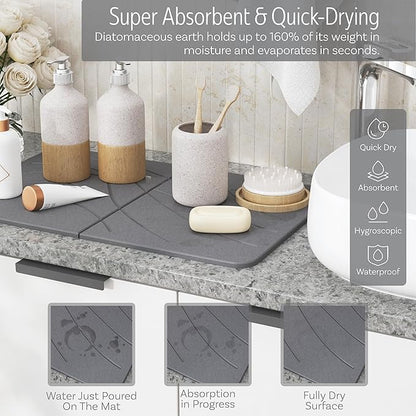 LARGE | PREMIUM | Stone Dish Mat + Bamboo Rack | 24” x 16” | Foldable (Dark Gray)