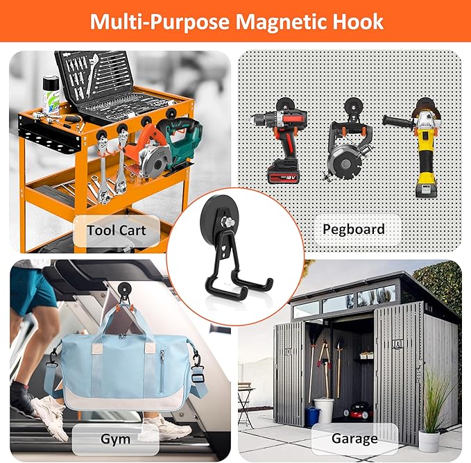 ENUODA Strong Magnetic Hooks Heavy Duty Upgraded Large Magnets with Hooks Magnetic Garage Hooks for Hanging Shovel, Broom, Wreath, Garden Tool, Toolbox, Shed, Garage, Locker, 4PCS