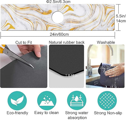 Kitchen Sink Splash Guard Faucet Mat Super Absorbent Fast Drying Mat Sink Gadgets Splash Guard Behind Faucet Drip Catcher for Kitchen (Marbling, 23.5x5.5in)