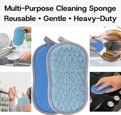 Multi-Purpose Scrub Sponges Kitchen – 12 Pack Dish Sponge, Dual-Sided Non-Scratch Microfiber & Metal Scrubber, Reusable Sponges for Dishes, Pots, Glass, Sink, Stovetop & Bathroom (Blue)