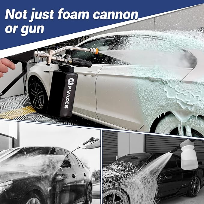PWACCS Dual Foam Cannon with Pressure Washer Short Gun, Dual Connector Accessory, Car Wash Foam Gun Kit with 1/4" Quick Connector, 5 Sprayer Nozzles, 1.5 Liter, 5000 PSI