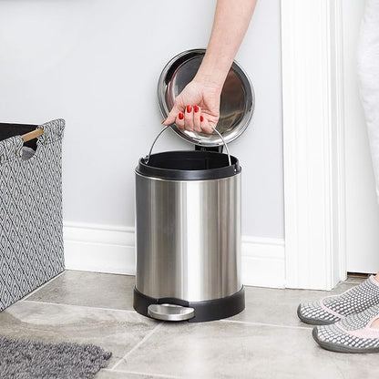 Glad Small Trash Can, 1.2 Gallon | Round Stainless Steel Garbage Bin with Soft Close Lid & Step Foot Pedal | Metal Waste Basket with Removable Inner Bucket, Stainless, 8 x 9.5 x 12 inches