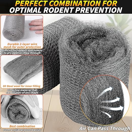 Steel Wool Mice Control, 6 Pack 3.2" x60 FT #00 Steel Wool & 1 Pack 5" x30 FT Wire Mesh, Fine Stainless Steel Wool Keep Mouse Away from Holes,Barrier and Gap Filler for Home Garden Kitchen Pipeline