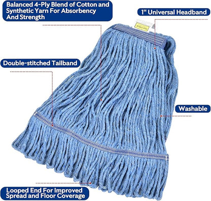 Matthew Cleaning Heavy Duty Mop Head Commercial Replacement for General and Floor Cleaning , Wet Industrial Blue Cotton Looped End String Head Refill (Pack of 12) Blue