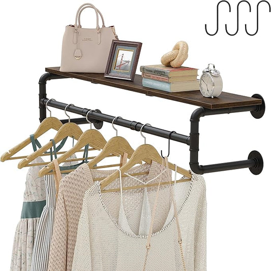 Industrial Pipe Clothes Rack with Top Shelf and 3 Hooks, 41''L Wall Mounted Garment Rack, Heavy Duty Iron Garment Bar, Clothes Hanging Rod Bar, 4 Base Max Load 135Lb Black