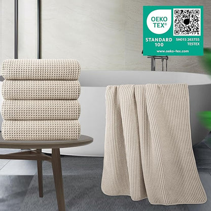 POLYTE 430 GSM Microfiber Oversize Quick Dry Lint Free Bath Towel, 60 x 30 in, 4 Pack (Waffle Weave)