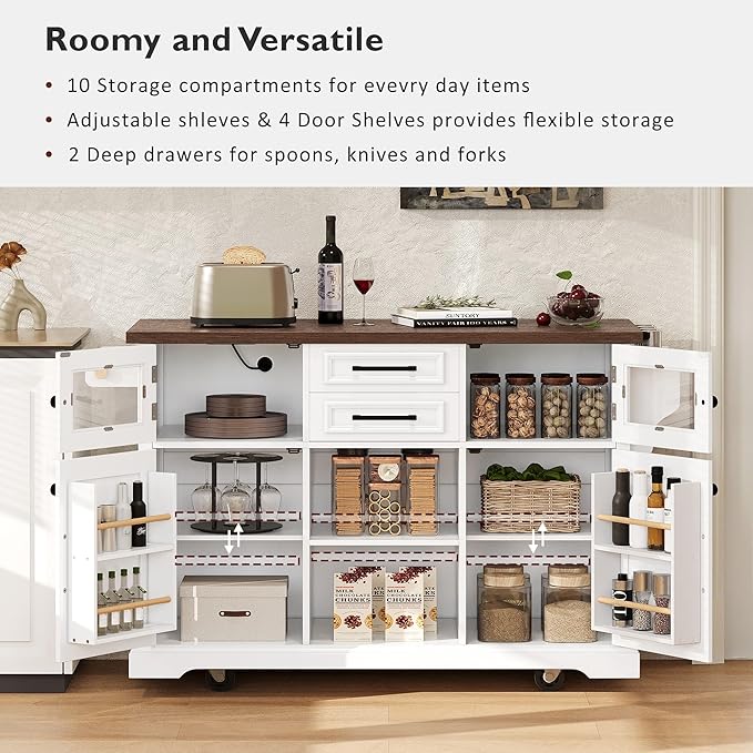 54.9" Large Kitchen Island with Drop Leaf, Power Outlet, Kitchen Storage Islands with Cross Barn Doors & Visual Glass Door, Rolling Kitchen Cart on 4 Wheels, White