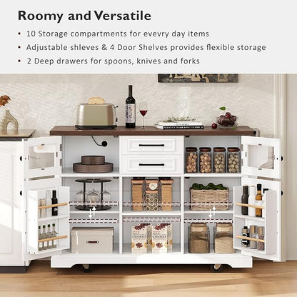 54.9" Large Kitchen Island with Drop Leaf, Power Outlet, Kitchen Storage Islands with Cross Barn Doors & Visual Glass Door, Rolling Kitchen Cart on 4 Wheels, White