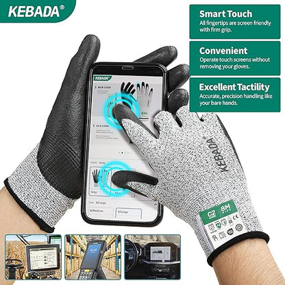 Kebada C2 Cut Resistant Gloves, ANSI A2, PU-Coated Work Gloves with Grip, Touchscreen Compatible, Ideal for Safety Protection & Anti-Cut Tasks, 12 Pairs, Small