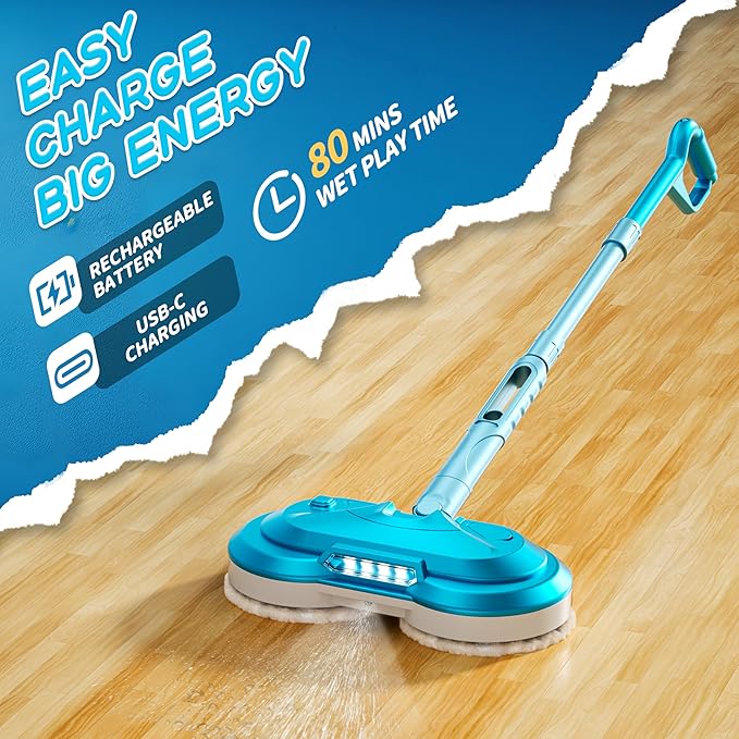 BLAXTEM Kids Electric Spray Spin Mop Toy, Rechargeable Cordless Electric Mop W/ LED Headlight & Water Sprayer for Children Boys & Girls, Cleaning Toy for Pretend Play (Light Blue)
