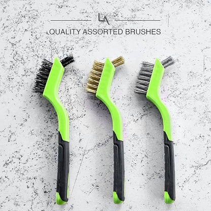 Lavaxon Wire Brush Set 3Pcs - Nylon/Brass/Stainless Steel Bristles with Curved Handle Grip for Rust, Dirt & Paint Scrubbing with Deep Cleaning – 7 Inches (Green)