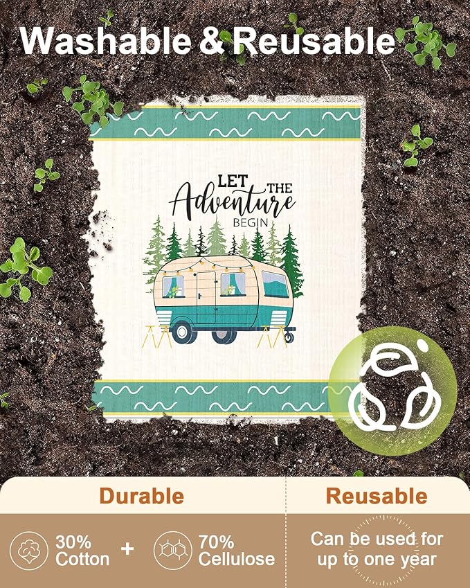 Miss Adola Swedish Dishcloths for Kitchen with Hooks - Reusable Dish Cloths for Washing Dishes Fast Drying Cute Fun 5 Pack Swedish Dish Towels Washable Cleaning Sponge, Green Camping