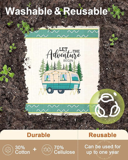 Miss Adola Swedish Dishcloths for Kitchen with Hooks - Reusable Dish Cloths for Washing Dishes Fast Drying Cute Fun 5 Pack Swedish Dish Towels Washable Cleaning Sponge, Green Camping