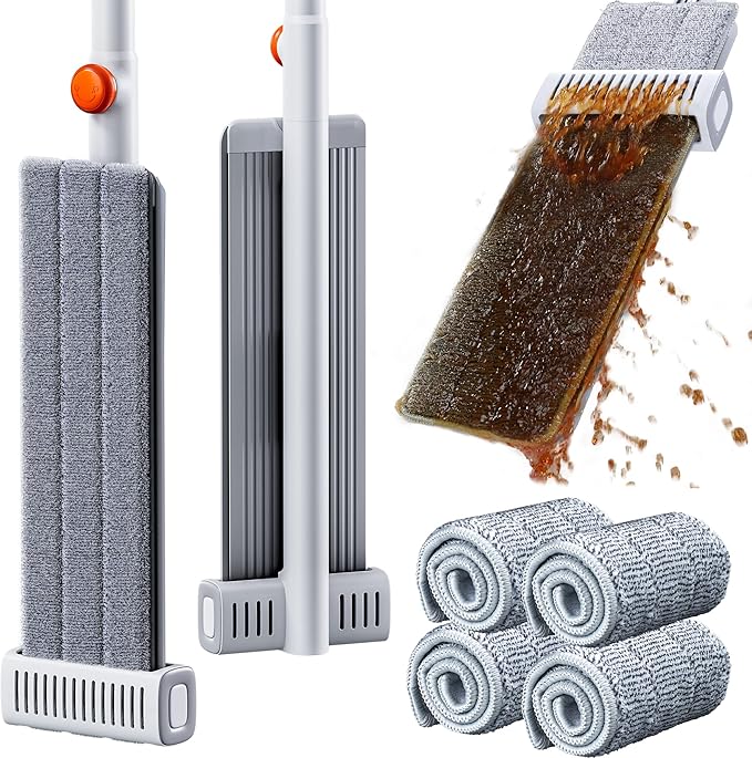 Self Wringing Microfiber Mop - Hands-Free Flat Mop with Wringing Blade | Aluminum Panel, Wet Dry for Apartment, Tiny Home, Windows, Wall, Hardwood, Laminate, Tile, Vinyl, 4 Reusable Pads