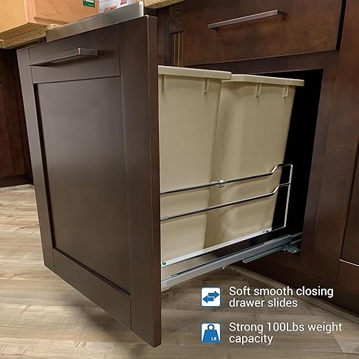 Rok Hardware Soft Closing Undermount Kitchen Cabinet Heavy Duty Pull Out Organizer Trash and Recycling Center with CHAMPAGNE Finish Dual 36 Quart Capacity Waste Recycle Bin Garbage Can ROKRECYCLE3CHAM