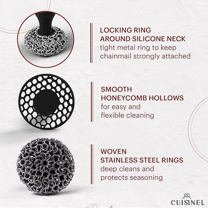 Cuisinel Cast Iron Chainmail Scrubber + Pan Scraper - Ergonomic Design Stainless/Silicone Cleaner for Pots & Skillets - Easy to Clean, Dishwasher Safe, Cookware Sponge Accessory