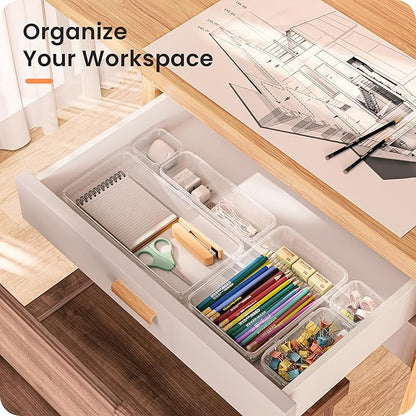 A-LuGei 【Military Grade Drawer Organizer, 【𝟱𝗦𝗶𝘇𝗲】 Makeup organizer, 【Holds 177 Items】 Bathroom Organizers and Storage, Organization and Storage, Desk Drawer Organizer for Vanity (Clear)