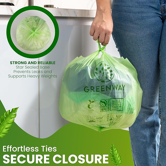GREENWAY 3 Gallon Compostable Bags with Handles – 100 Count, Extra Thick 0.70 Mil – BPI & OK Home Certified – Small Trash Bags for Countertop Compost Bins, Food Waste, Bathroom, Cat Litter