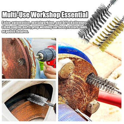 14-Piece Bore Brush Set - 304 Stainless Steel & Brass Drill Wire Bore Cleaning Brushes - 1/4" Hex Shank with Extension Bar for Power Drills, Impact Drivers, Grinders (8/10/12/15/17/19 mm)