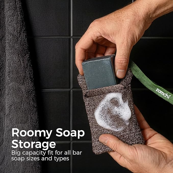 ZOMCHI Bar Soap Saver Bags, 2 Pieces Exfoliating Soap Bag with Different Roughness, Soap Bar Loofah for Men and Women, Body Scrubber Exfoliator for Smooth Clean Skin (Brown)