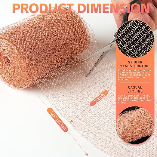 Copper Mesh Rodent Control Kit - 5 in x 105 ft Copper Mesh Roll, Rust Proof Wire Mesh, DIY Mice Defensive Mesh for Pest Bat Bird Snail and Rodent Control