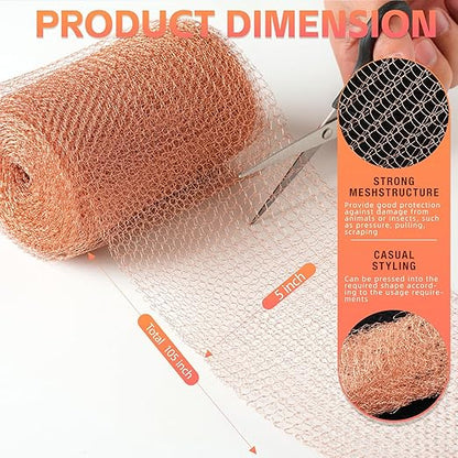 Copper Mesh Rodent Control Kit - 5 in x 105 ft Copper Mesh Roll, Rust Proof Wire Mesh, DIY Mice Defensive Mesh for Pest Bat Bird Snail and Rodent Control