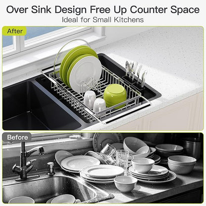Expandable Stainless Steel Dish Drying Rack Over The Sink For Small Kitchen, Counter Space Saving Compact Metal Plate Drainer Strainer, Adjustable Hanging Inside Sink Rust Proof Wire Dryer Holder