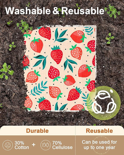 Miss Adola Swedish Dishcloths for Kitchen with Hooks - Reusable Dish Cloths for Washing Dishes Fast Drying Cute Fun 5 Pack Swedish Dish Towels Washable Cleaning Sponge, Fruit