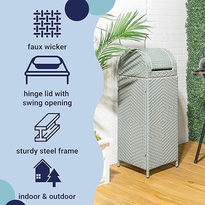 happimess HPM1202C Darla 31.39-Gallon All-Weather Wicker/Metal Swing Top Hideaway Outdoor Trash Can, Mint Blue/White, Classic, Coastal, Casual Wastebin for Backyard, Patio, Porch, Kitchen