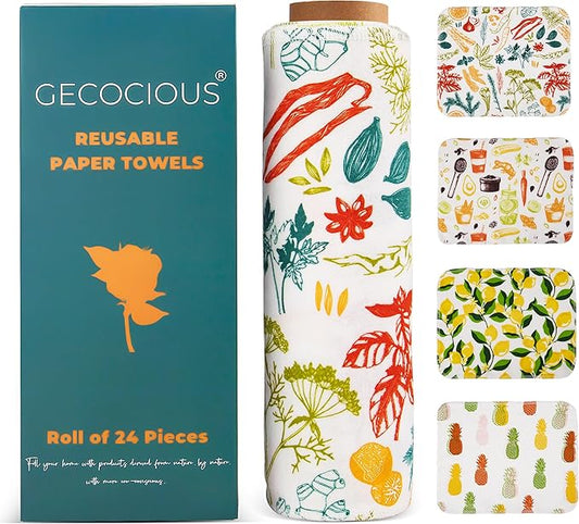 Reusable Paper Towels Washable Roll of 24 Paperless Kitchen Cotton Cloth - Super Soft Zero Waste Paper Towel Replacement