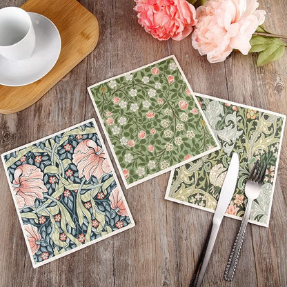 Quera William Morris Swedish Kitchen Dishcloth Vintage Floral Absorbent Cotton Kitchen Dish Towel for Party Home Housewarming Cleaning Counter Wipes 6.7 x 7.7 Inch, 6Pcs