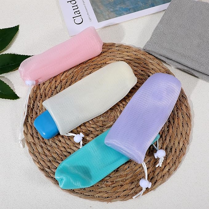 8 Pcs Exfoliating Mesh Soap Bag, Multicolor Soap Saver Pouch with Drawstring Reusable Bubble Soaps Scrubber Pouch Portable Body Cleaning Tool for Shower Body Facial Cleaning