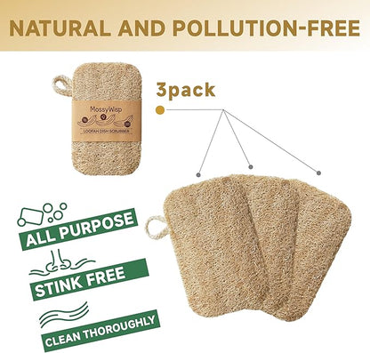 Natural Loofah Dish Sponges 3 Pack | Biodegradable & Eco Friendly Kitchen Sponges for Washing Dishes | Heavy-Duty Dishwashing Sponge | MossyWisp (3)