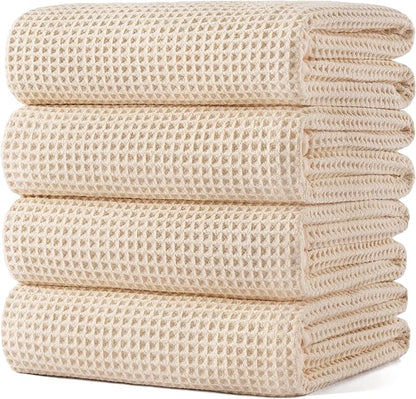 POLYTE 430 GSM Microfiber Oversize Quick Dry Lint Free Bath Towel, 60 x 30 in, 4 Pack (Waffle Weave)
