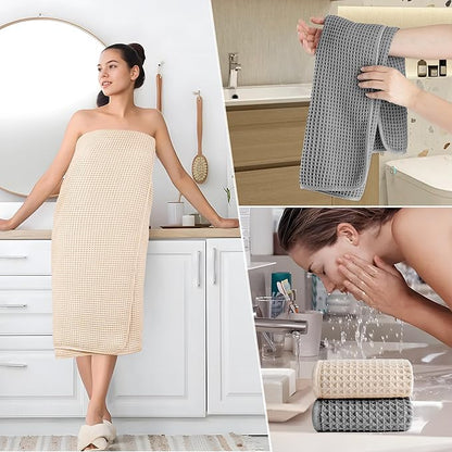 POLYTE 430 GSM Microfiber Quick Dry Lint Free Oversize Bath Towel Set, 6 Piece (Waffle Weave)