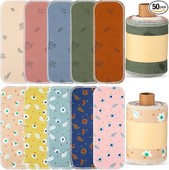 VitalCozy 50 Pcs Reusable Toilet Washable Bidet Towels Rerollable Cloth Wipes Paperless Towels Roll Absorbent Cotton for Kitchen Paperless Dishcloths (Nice Flower)